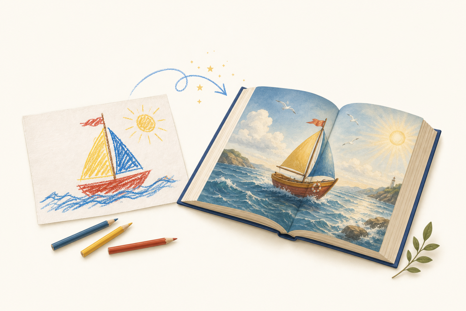 A child’s drawing becoming a finished storybook page