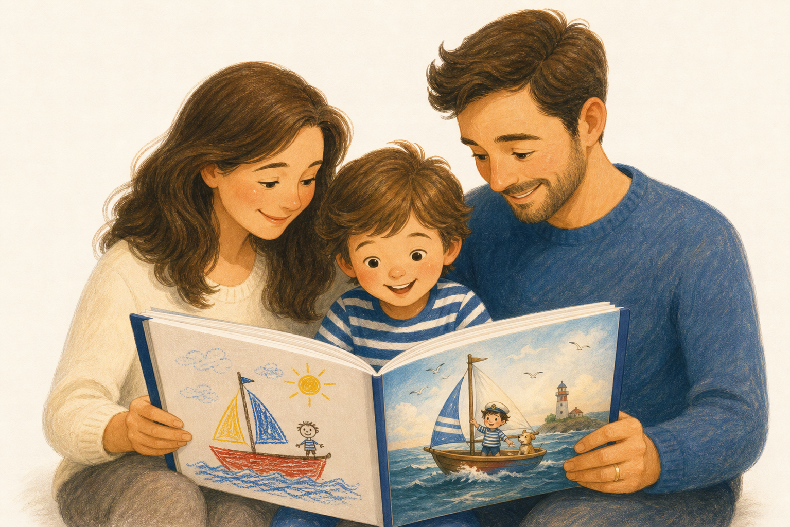 A child and parents reading their personalized storybook together