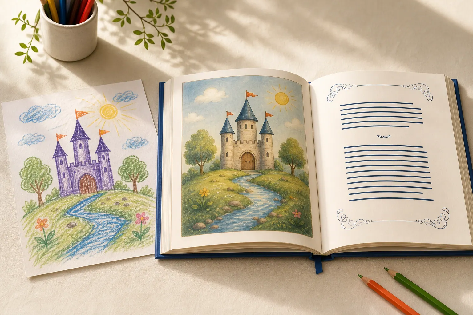 A child’s drawing becoming a finished storybook page