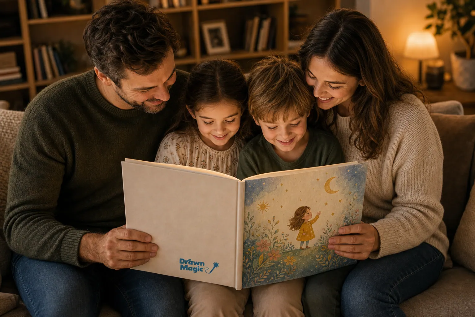 A child and parents reading their personalized storybook together